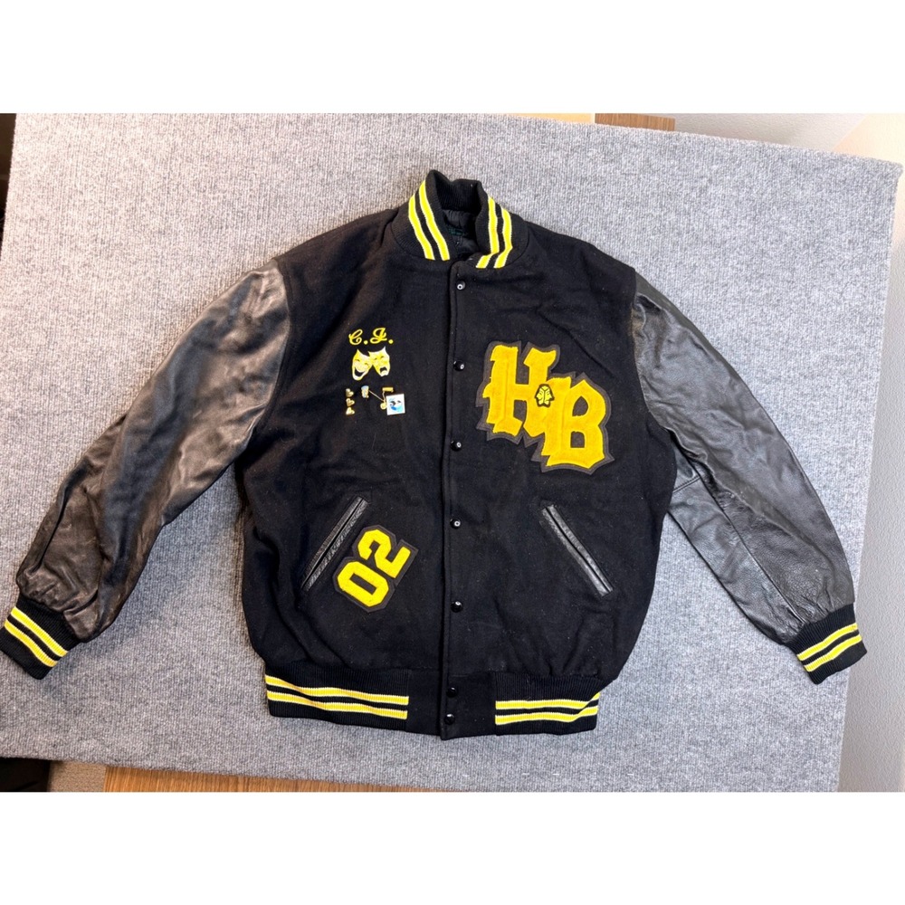 Vintage Athlete Corner Varsity Jacket Mens 46 Black Wool Leather Hudson Bay Y2K
